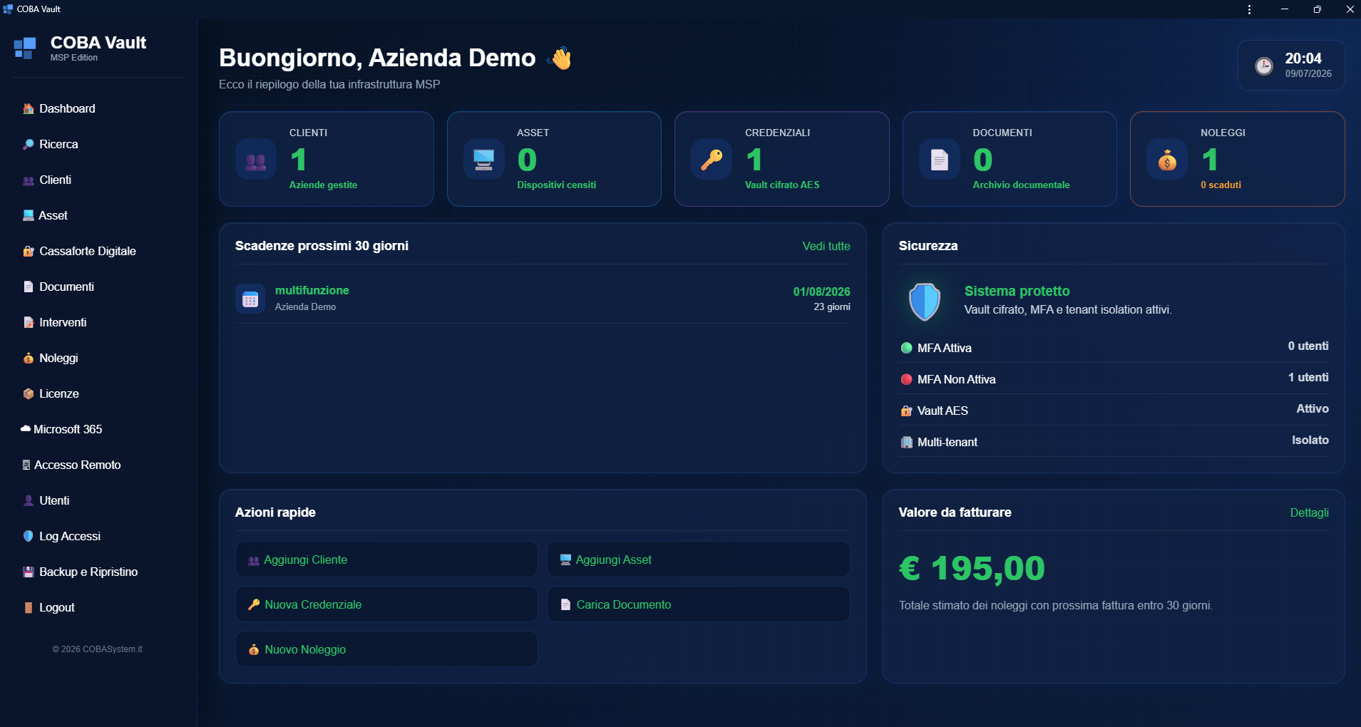 Dashboard COBA Vault